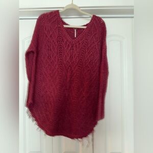 Free People Deep Wine V-Neck Knit Sweater Poncho